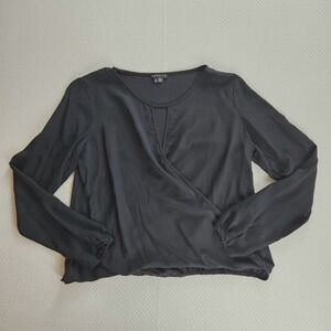 Theory Womens Black Silk Wrap Front Keyhole Blouse Long Sleeve L Quiet Luxury